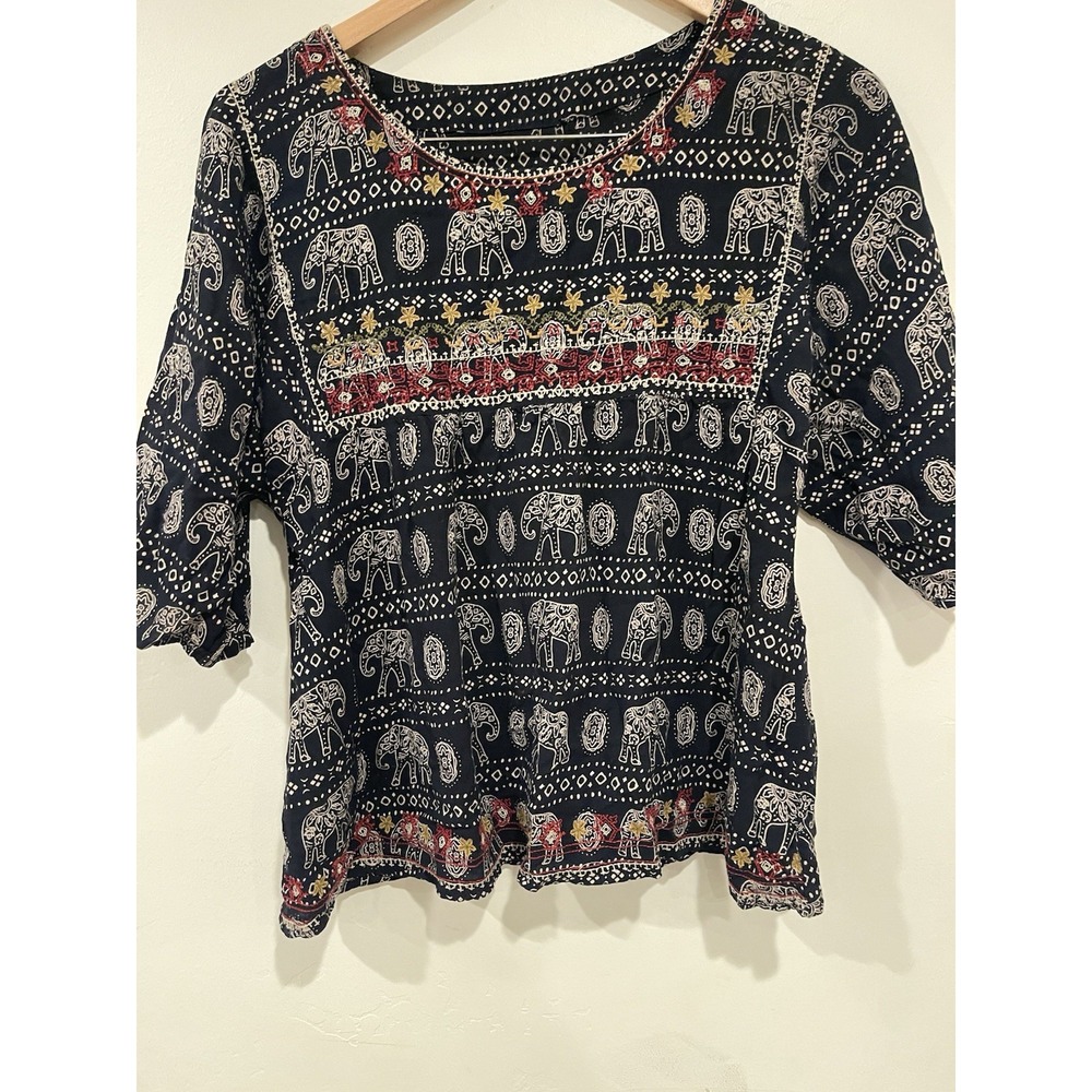 Boho Elephant Print Tunic Top Embroidered Navy Blue Red White Festival Ethnic S - Picture 7 of 9